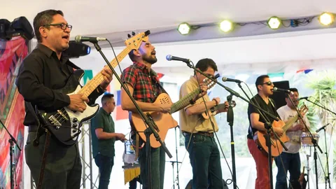 Músicos interpretan instrumentos de cuerda y viento bajo una carpa