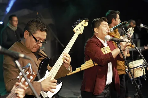 Primer plano de músicos con instrumentos de cuerda y viento